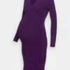 V Ausschnitt Mini Bodycon Ripp Strickkleid - Vestido De Punto - Purple